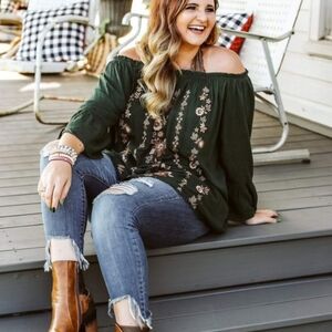 Green Embellished Off-Shoulder Blouse 3/4 Sleeve